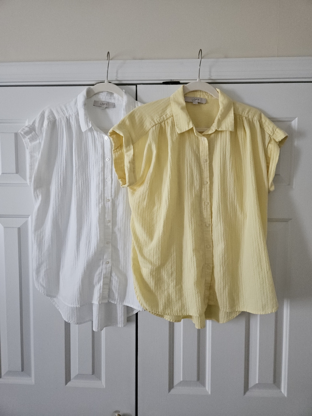 2 LOFT Women's Collared Short Sleeve Button-Up Top White And Yellow 99% Cotton M